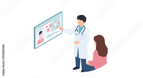 Medical consultation vector illustration: doctor explaining to patient isometric design for healthcare education