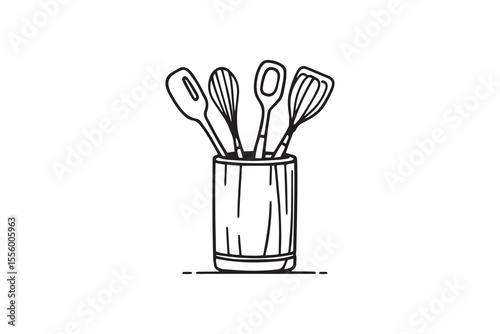 Stylish kitchen utensil holder with wooden line art and black color