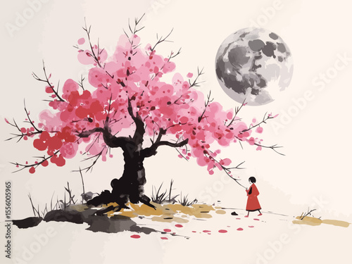  A ancient cherry blossom tree with pink blossoms, against the backdrop of an Japanese-style moon