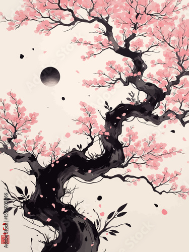  A ancient cherry blossom tree with pink blossoms, against the backdrop of an Japanese-style moon