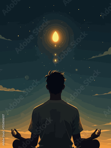 a Black man sitting quietly, viewed from behind, a small glowing seed floating above his head and gently descending into his mind, trails of light following the seed