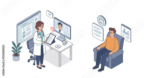 Virtual healthcare consultation vector illustration – telemedicine concept for digital health and remote patient care – flat isometric design for medical apps and websites