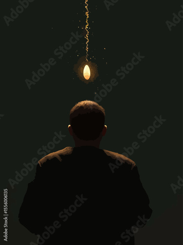 a Black man sitting quietly, viewed from behind, a small glowing seed floating above his head and gently descending into his mind, trails of light following the seed