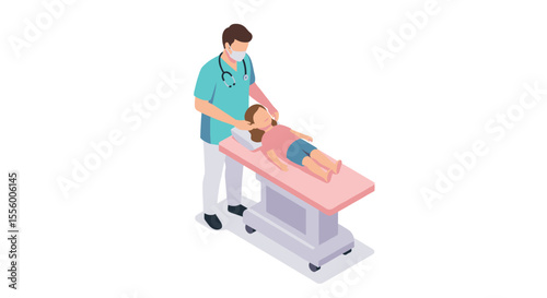Pediatric checkup vector illustration: doctor examining child in isometric style for medical design