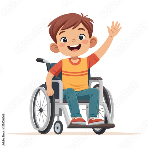 Joyful Greetings: A happy young child in a wheelchair waves cheerfully, their bright eyes radiating a positive spirit. This illustration conveys themes of mobility, inclusion.