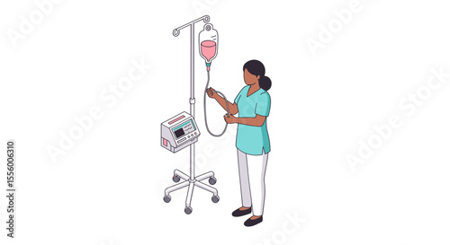 Medical care flat vector illustration - nurse administering iv drip for health education and hospital design