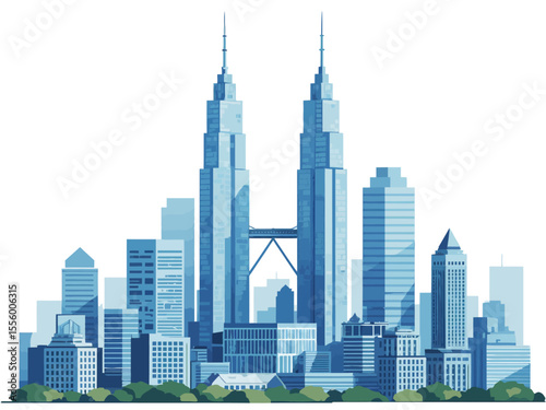 A skyline of skyscrapers with two taller identical towers centered