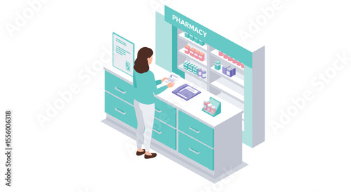 Isometric pharmacy scene vector illustration for healthcare design