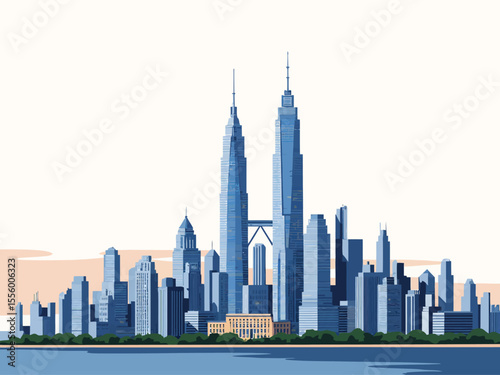  A skyline of skyscrapers with two taller identical towers centered