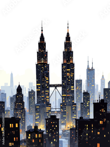  A skyline of skyscrapers with two taller identical towers centered