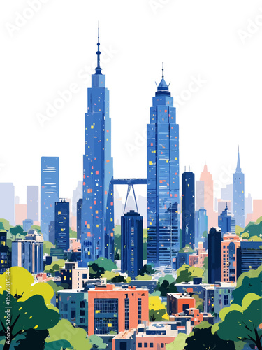  A skyline of skyscrapers with two taller identical towers centered