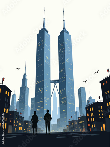  A skyline of skyscrapers with two taller identical towers centered