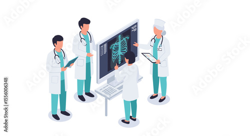Medical consultation scene vector illustration: doctors analyzing x-ray in isometric style for healthcare design