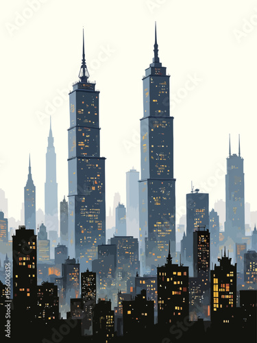  A skyline of skyscrapers with two taller identical towers centered