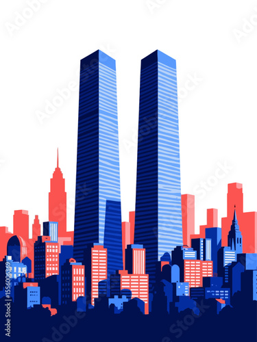  A skyline of skyscrapers with two taller identical towers centered