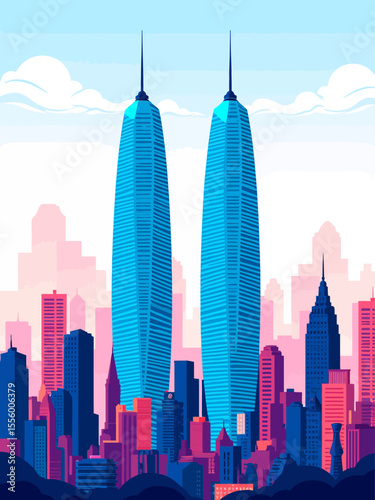  A skyline of skyscrapers with two taller identical towers centered