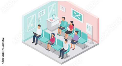 Isometric healthcare setting vector illustration: waiting room concept for medical design and posters