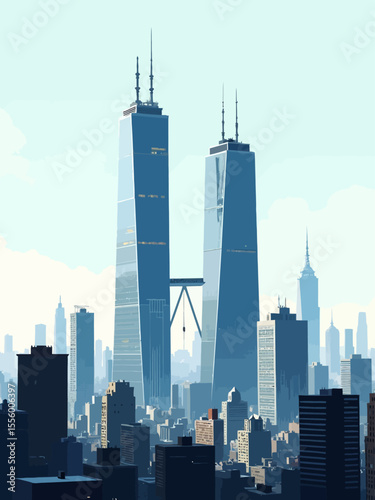  A skyline of skyscrapers with two taller identical towers centered