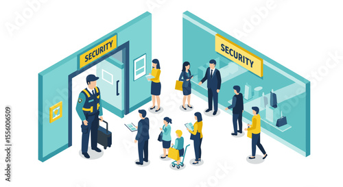 Airport security vector illustration: isometric style for travel safety design