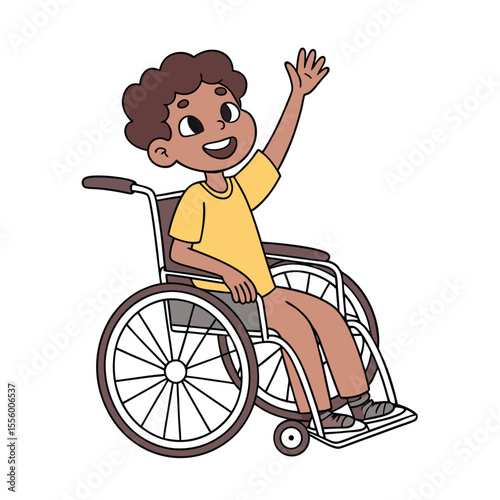 Smiling boy in wheelchair: A joyful young boy with curly hair sits in a wheelchair, waving his hand cheerfully in an illustration that promotes inclusivity and positive representation.
