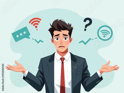 Businessman confused no wifi internet signal problem Professional person shrugging helpless frustrated 
