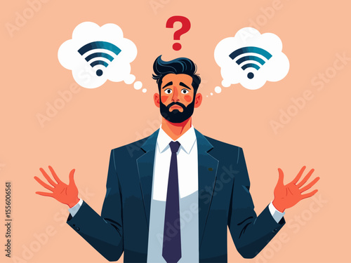 Businessman confused no wifi internet signal problem Professional person shrugging helpless frustrated 
