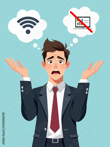 Businessman confused no wifi internet signal problem Professional person shrugging helpless frustrated 