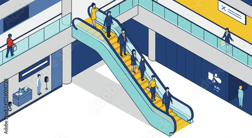 Isometric shopping mall scene with people on escalator - vector illustration for design and decor