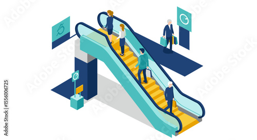 Isometric vector illustration of people on escalators for urban commuting design
