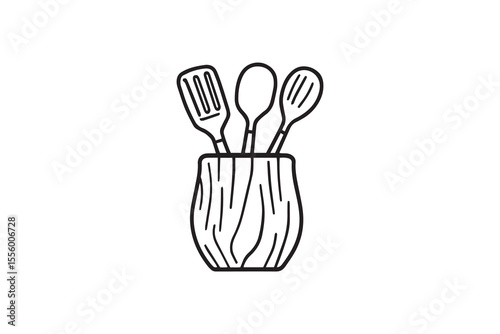 Stylish kitchen utensil holder with wooden line art and black color