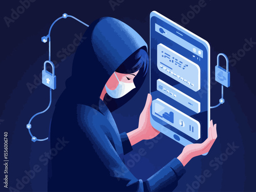 Cybercriminal stealing personal data from smartphone, hacker accessing password and login information, internet security breach, identity theft 