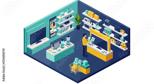 Isometric electronics store vector illustration: shopping design for print and poster