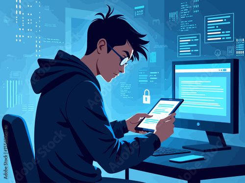 Cybercriminal stealing personal data from smartphone, hacker accessing password and login information, internet security breach, identity theft 