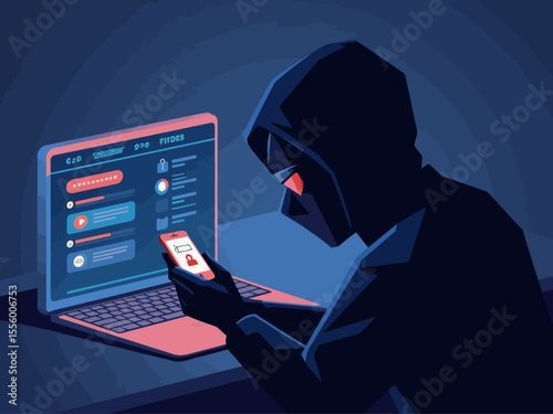 Cybercriminal stealing personal data from smartphone, hacker accessing password and login information, internet security breach, identity theft 