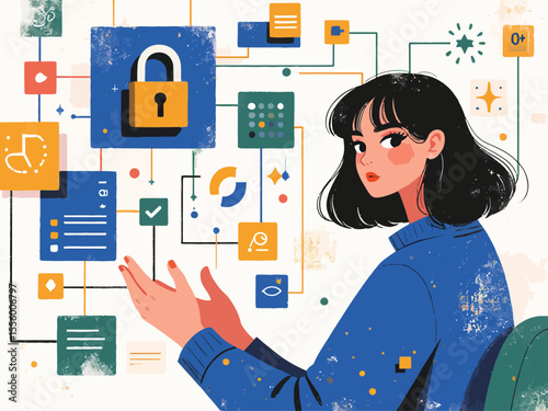 Cybersecurity concept with locked digital data illustration on white background 
