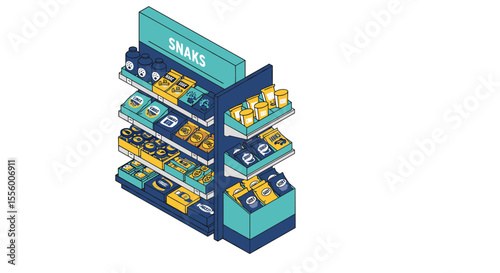 Isometric supermarket snack aisle vector illustration for retail design and marketing