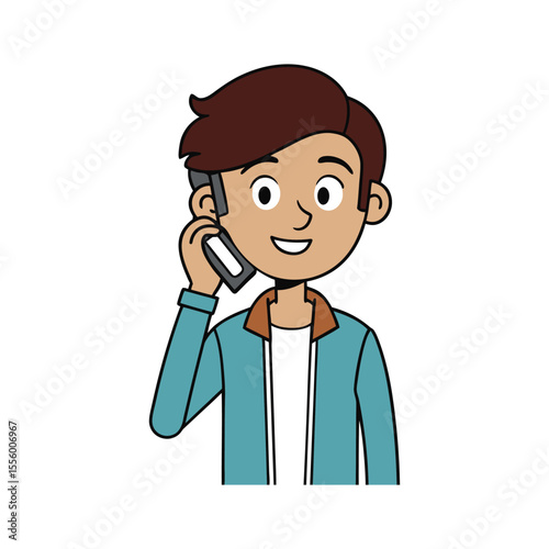 Man on Phone: A young man with a casual outfit happily chatting on his mobile, showcasing a friendly and approachable persona in a vector illustration.