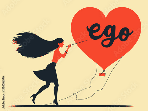 Egocentric symbol of the cult of personality, woman piercing a balloon with the word ego on it, too much proud of yourself or overconfident