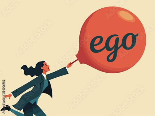Egocentric symbol of the cult of personality, woman piercing a balloon with the word ego on it, too much proud of yourself or overconfident