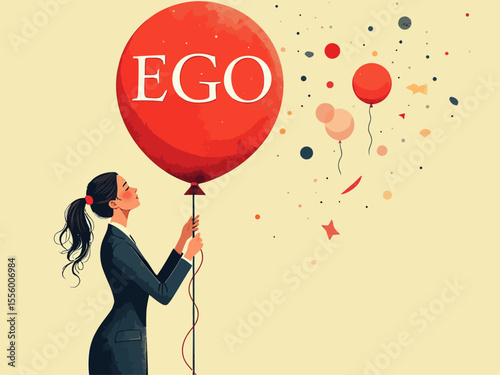 Egocentric symbol of the cult of personality, woman piercing a balloon with the word ego on it, too much proud of yourself or overconfident
