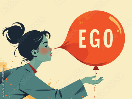 Egocentric symbol of the cult of personality, woman piercing a balloon with the word ego on it, too much proud of yourself or overconfident