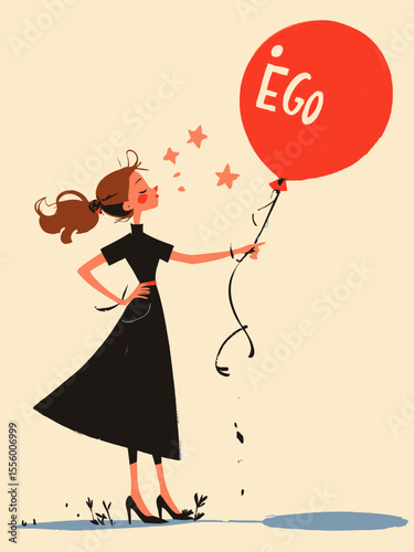 Egocentric symbol of the cult of personality, woman piercing a balloon with the word ego on it, too much proud of yourself or overconfident