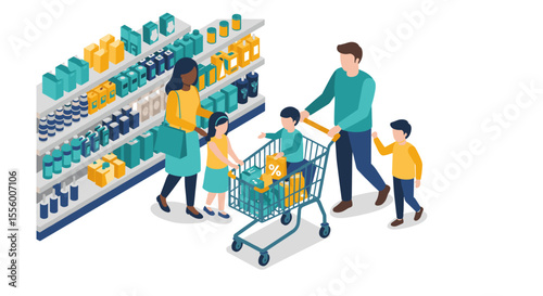 Family shopping experience vector illustration: flat style design for retail concept