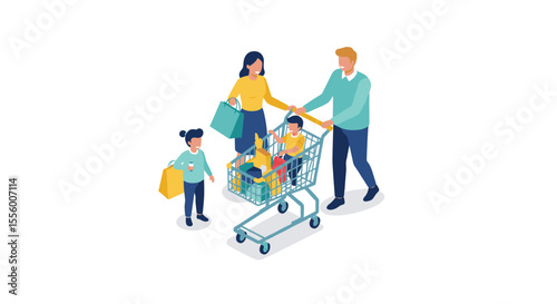 Family shopping experience vector illustration: isometric design for print, card, poster