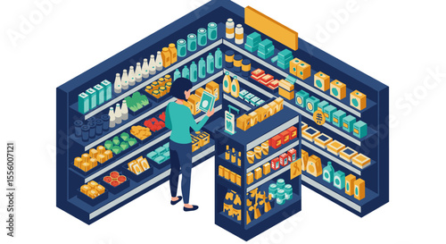 Isometric supermarket shopping vector illustration for design and print