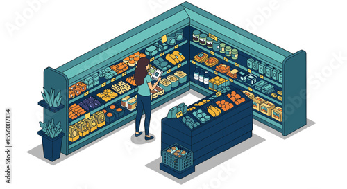 Grocery shopping experience vector illustration, isometric style, design for print and poster