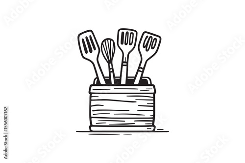Stylish kitchen utensil holder with wooden line art and black color