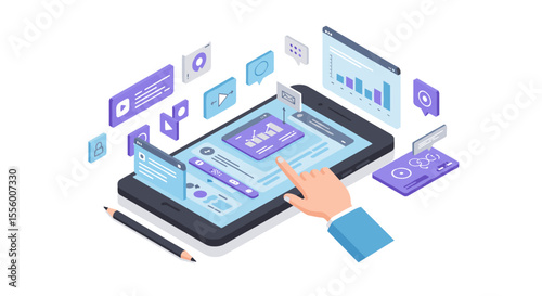Isometric vector illustration of digital tablet with interactive app icons for technology design