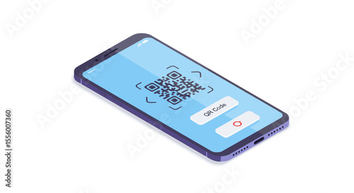 Qr code scanning vector illustration: digital payment concept in isometric style for tech design