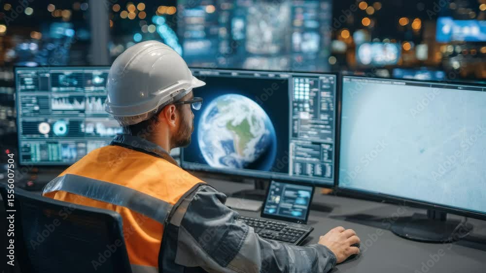 A professional in a safety helmet and vest monitors real-time traffic data from several screens in a control center located in a busy urban environment during nighttime hours